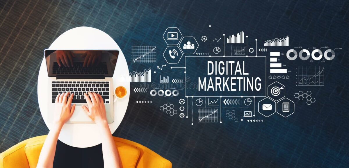 digital marketing person using laptop digital marketing person using laptop white table 118541019